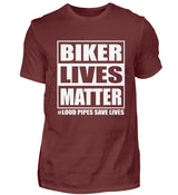 Ein Biker T-Shirt für Motorradfahrer von Wingbikers mit dem Aufdruck, Biker Lives Matter - # Loud Pipes Save Lives, in weinrot.