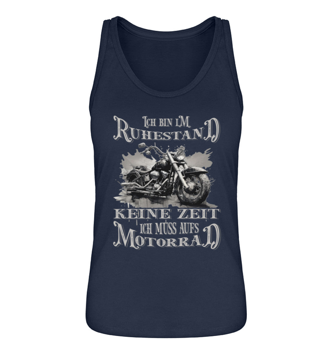 Ein Tanktop für Motorradfahrerinnen von Wingbikers mit dem Aufdruck, Ich bin im Ruhestand - Keine Zeit - Ich muss aufs Motorrad, im vintage Stil in navy blau.