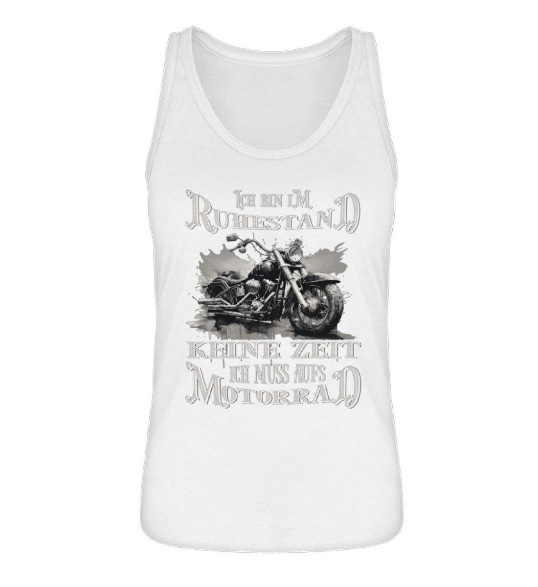 Ein Tanktop für Motorradfahrerinnen von Wingbikers mit dem Aufdruck, Ich bin im Ruhestand - Keine Zeit - Ich muss aufs Motorrad, im vintage Stil in weiß.