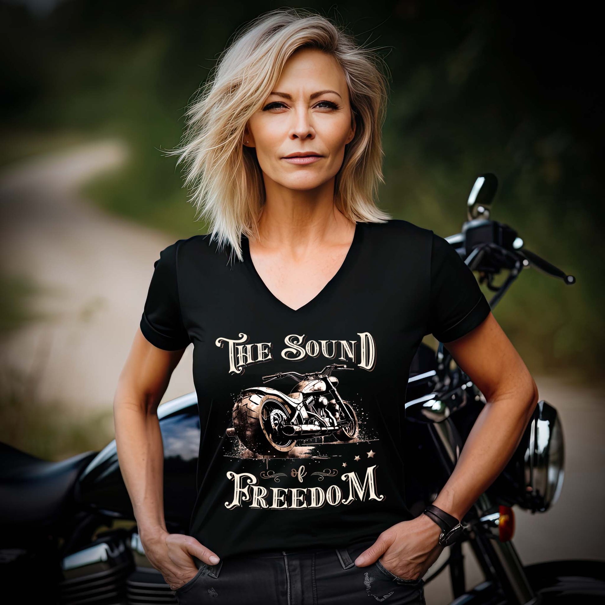 Eine Motorradfahrerin mit einem T-Shirt mit V-Ausschnitt von Wingbikers mit dem Aufdruck, The Sound auf Freedom, in schwarz.