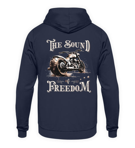 Ein Biker Hoodie für Motorradfahrer von Wingbikers mit dem Aufdruck, The Sound of Freedom, als Back Print, in navy blau.