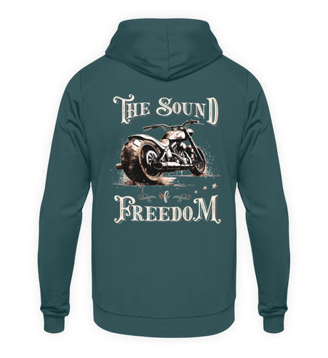 Ein Biker Hoodie für Motorradfahrer von Wingbikers mit dem Aufdruck, The Sound of Freedom, als Back Print, in petrol türkis.