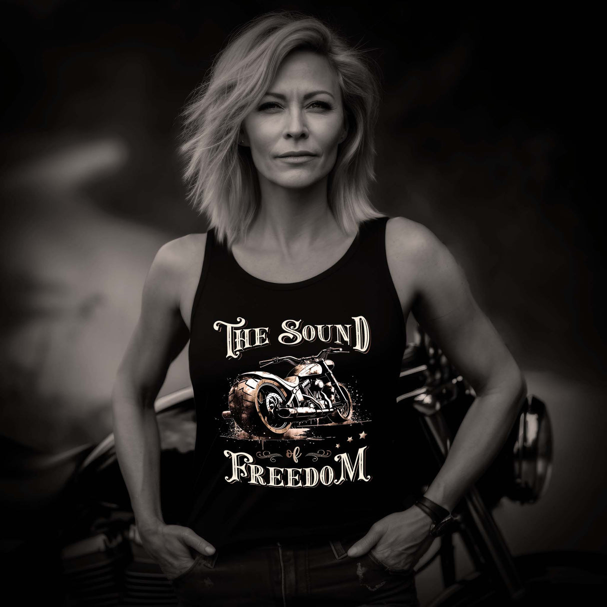 Ein Frau mit einem Tanktop für Motorradfahrerinnen von Wingbikers mit dem Aufdruck, The Sound of Freedom, in schwarz.