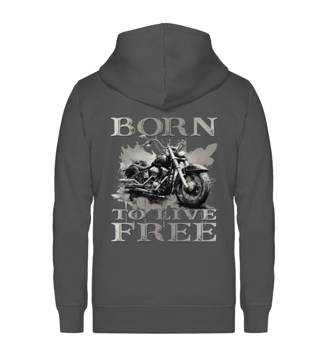 Ein Reißverschluss-Jacke für Motorradfahrer von Wingbikers mit dem Aufdruck,  Born to Live Free, in dunkelgrau.  