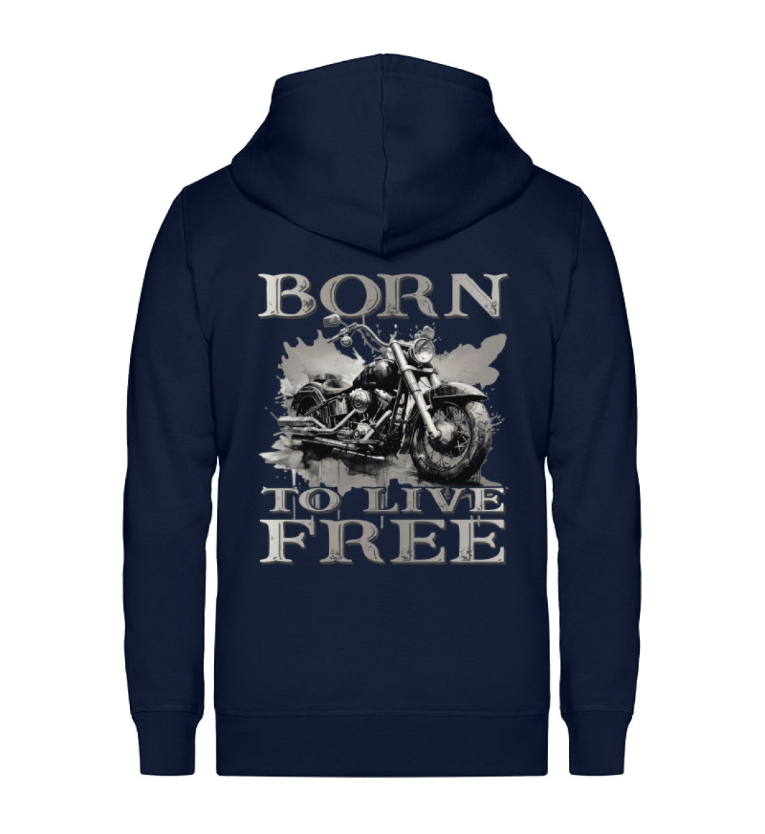 Ein Reißverschluss-Jacke für Motorradfahrer von Wingbikers mit dem Aufdruck,  Born to Live Free, in navy blau.  