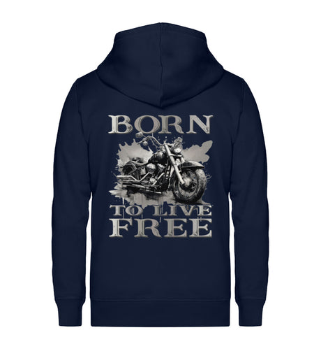 Ein Reißverschluss-Jacke für Motorradfahrer von Wingbikers mit dem Aufdruck,  Born to Live Free, in navy blau.  