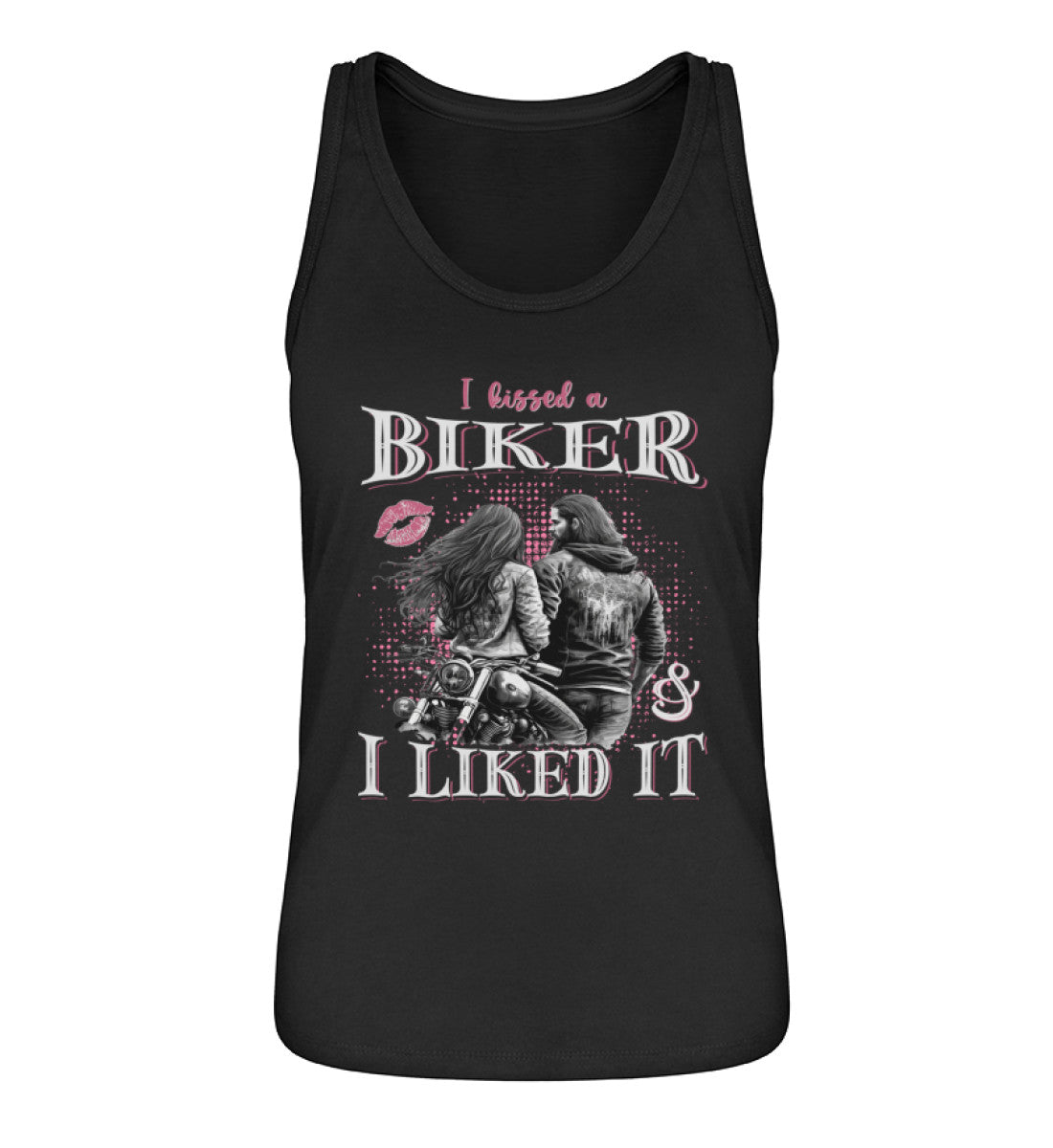 Ein Tanktop für Motorradfahrerinnen von Wingbikers mit dem Aufdruck, I Kissed A Biker And I Liked It, in schwarz.