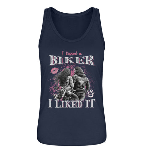 Ein Tanktop für Motorradfahrerinnen von Wingbikers mit dem Aufdruck, I Kissed A Biker And I Liked It, in navy blau.