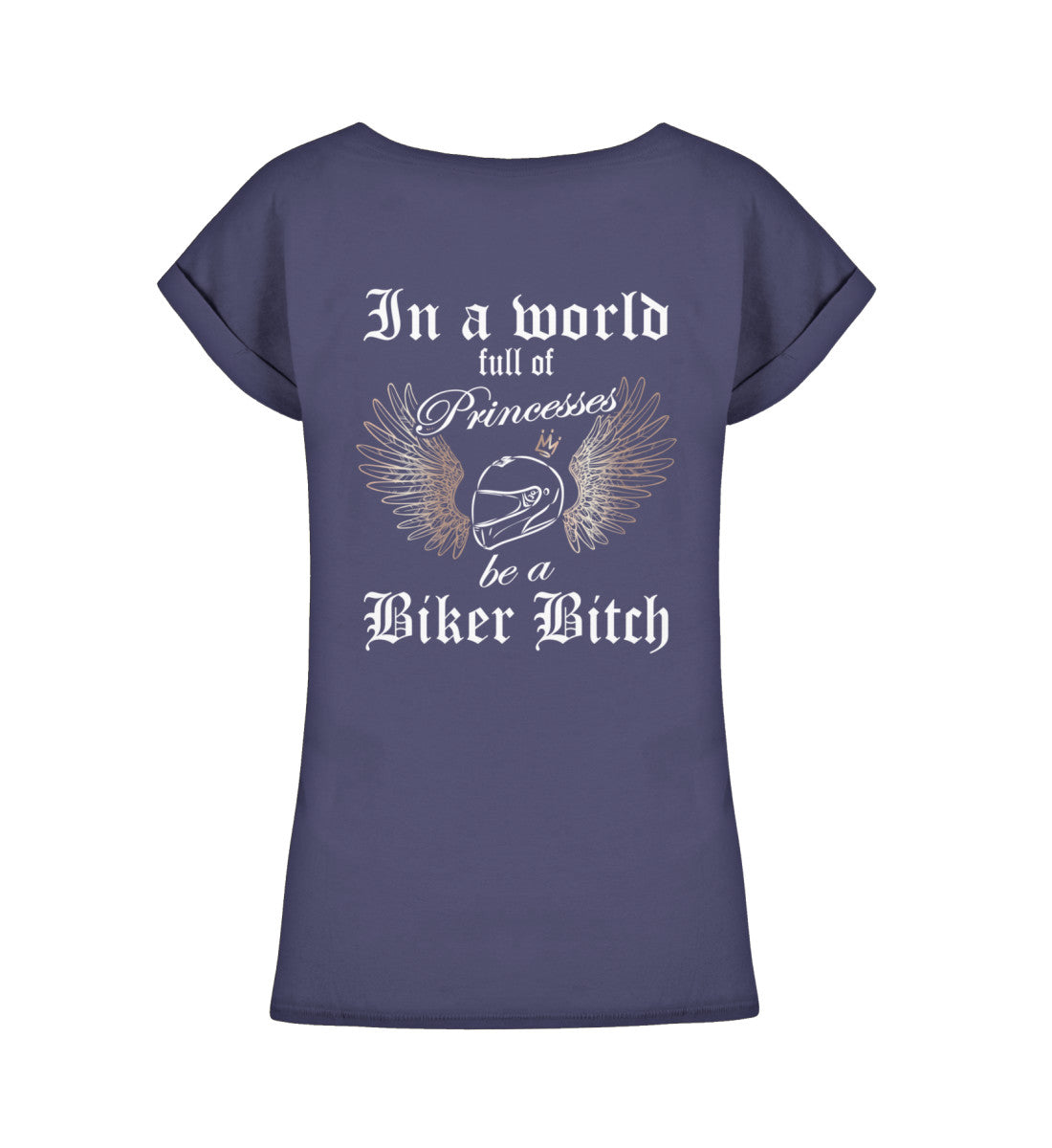 Ein Bikerin T-Shirt für Motorradfahrerinnen von Wingbikers mit dem Aufdruck, In a world full of Princesses, be a Biker Bitch - mit Back Print, leger geschnitten, in navy blau.