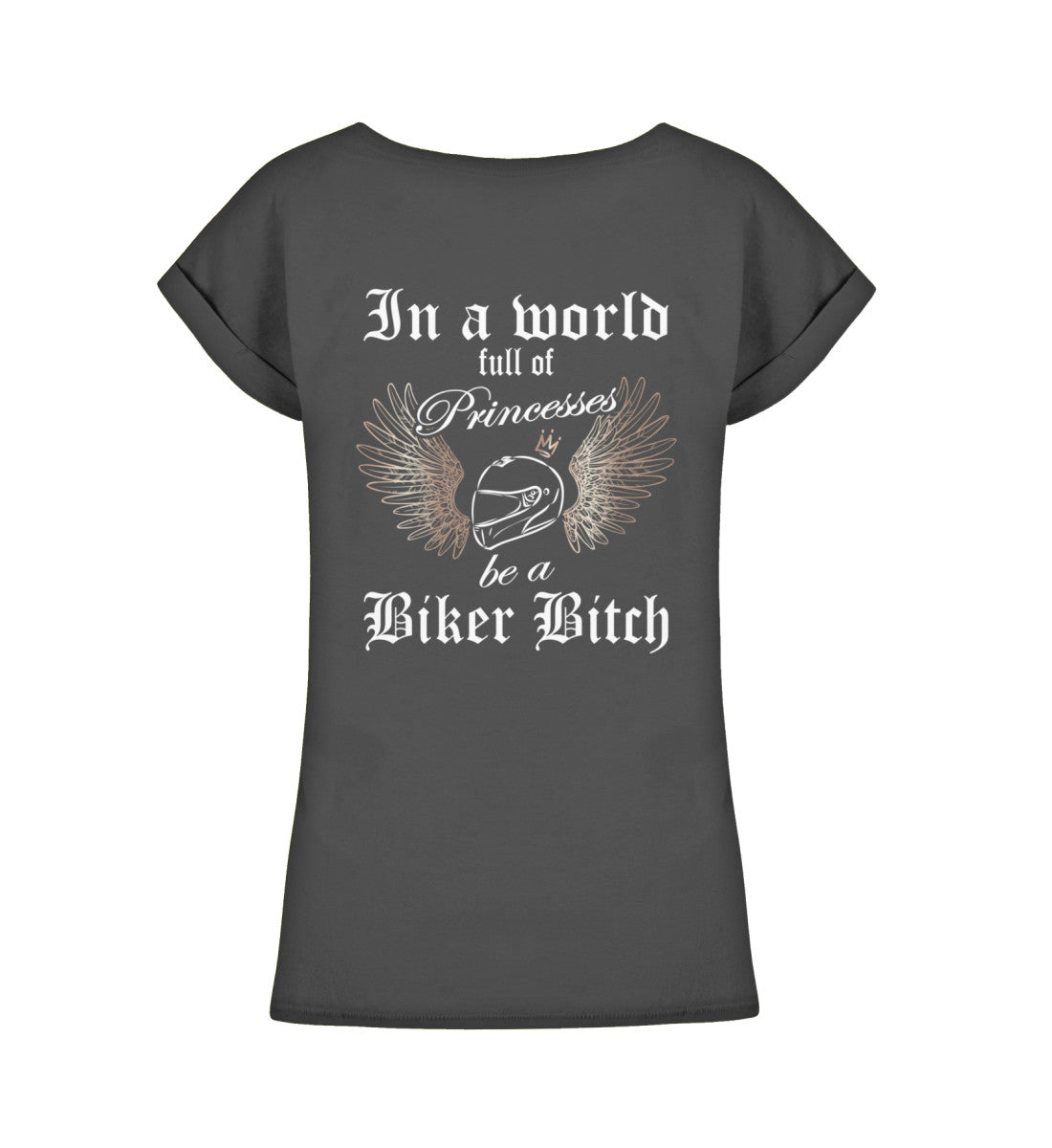 Ein Bikerin T-Shirt für Motorradfahrerinnen von Wingbikers mit dem Aufdruck, In a world full of Princesses, be a Biker Bitch - mit Back Print, leger geschnitten, in schwarz.