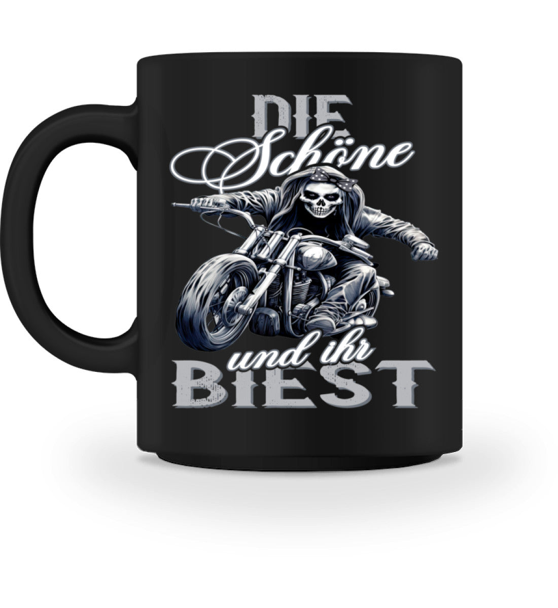 Eine Bikerin Tasse für Motorradfahrerinnen, von Wingbikers, mit dem beidseitigen Aufdruck, Die Schöne und ihr Biest, in schwarz.