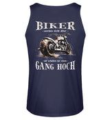 Ein Biker Tanktop für Motorradfahrer von Wingbikers mit dem Aufdruck, Biker werden nicht älter - Wir schalten nur einen Gang hoch! als Back Print - in navy blau.