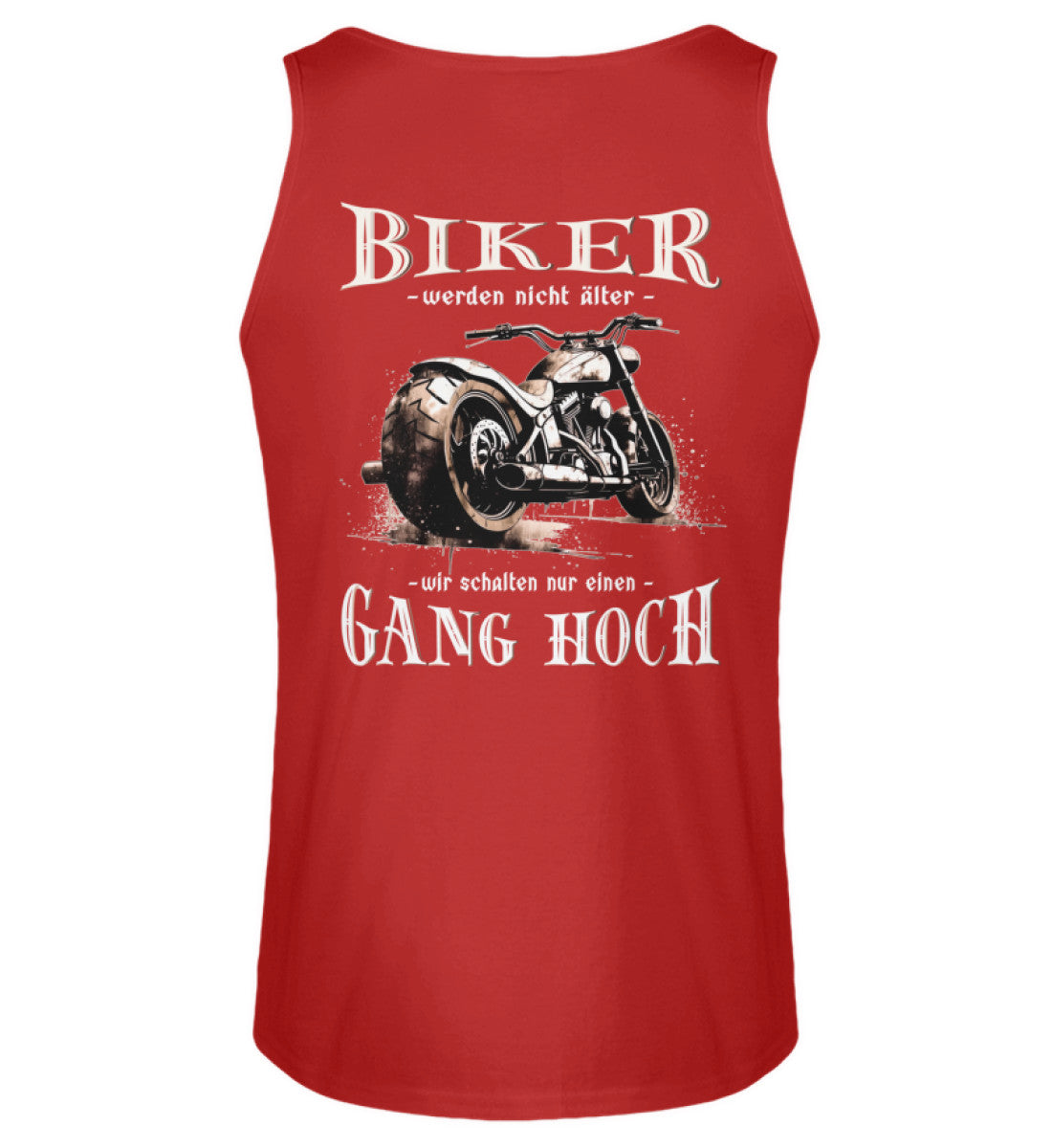 Ein Biker Tanktop für Motorradfahrer von Wingbikers mit dem Aufdruck, Biker werden nicht älter - Wir schalten nur einen Gang hoch! als Back Print - in rot.