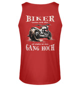 Ein Biker Tanktop für Motorradfahrer von Wingbikers mit dem Aufdruck, Biker werden nicht älter - Wir schalten nur einen Gang hoch! als Back Print - in rot.