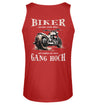 Ein Biker Tanktop für Motorradfahrer von Wingbikers mit dem Aufdruck, Biker werden nicht älter - Wir schalten nur einen Gang hoch! als Back Print - in rot.