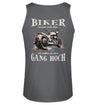 Ein Biker Tanktop für Motorradfahrer von Wingbikers mit dem Aufdruck, Biker werden nicht älter - Wir schalten nur einen Gang hoch! als Back Print - in dunkelgrau.