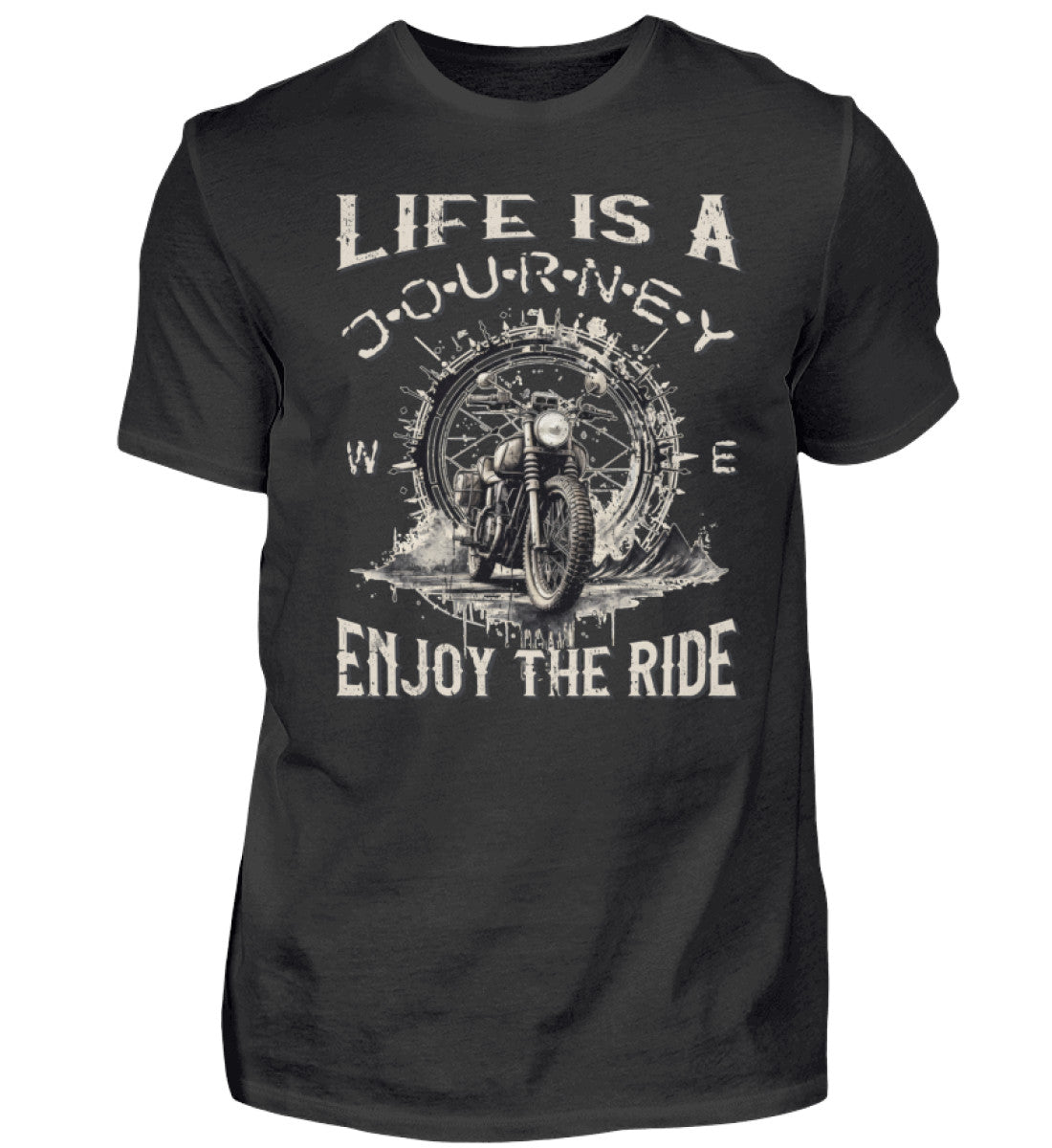 Ein T-Shirt für Motorradfahrer von Wingbikers mit dem Aufdruck, Life Is A Journey - Enjoy The Ride, in schwarz.