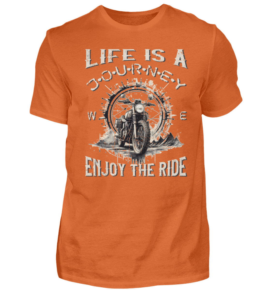 Ein T-Shirt für Motorradfahrer von Wingbikers mit dem Aufdruck, Life Is A Journey - Enjoy The Ride, in orange.