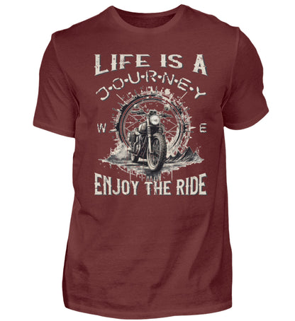 Ein T-Shirt für Motorradfahrer von Wingbikers mit dem Aufdruck, Life Is A Journey - Enjoy The Ride, in weinrot.