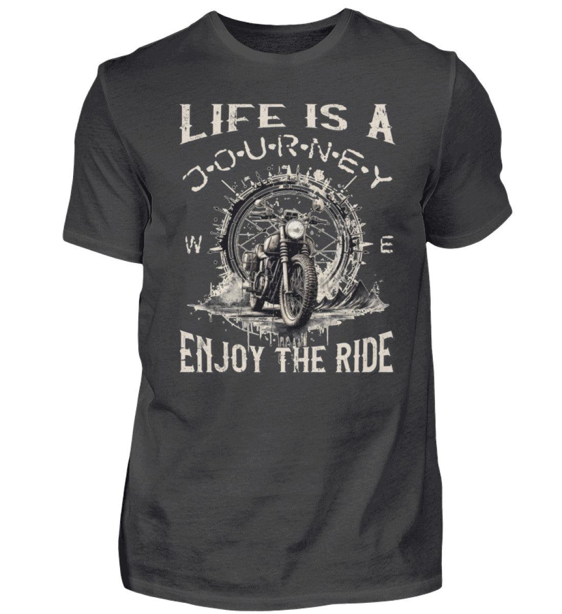 Ein T-Shirt für Motorradfahrer von Wingbikers mit dem Aufdruck, Life Is A Journey - Enjoy The Ride, in dunkelgrau.