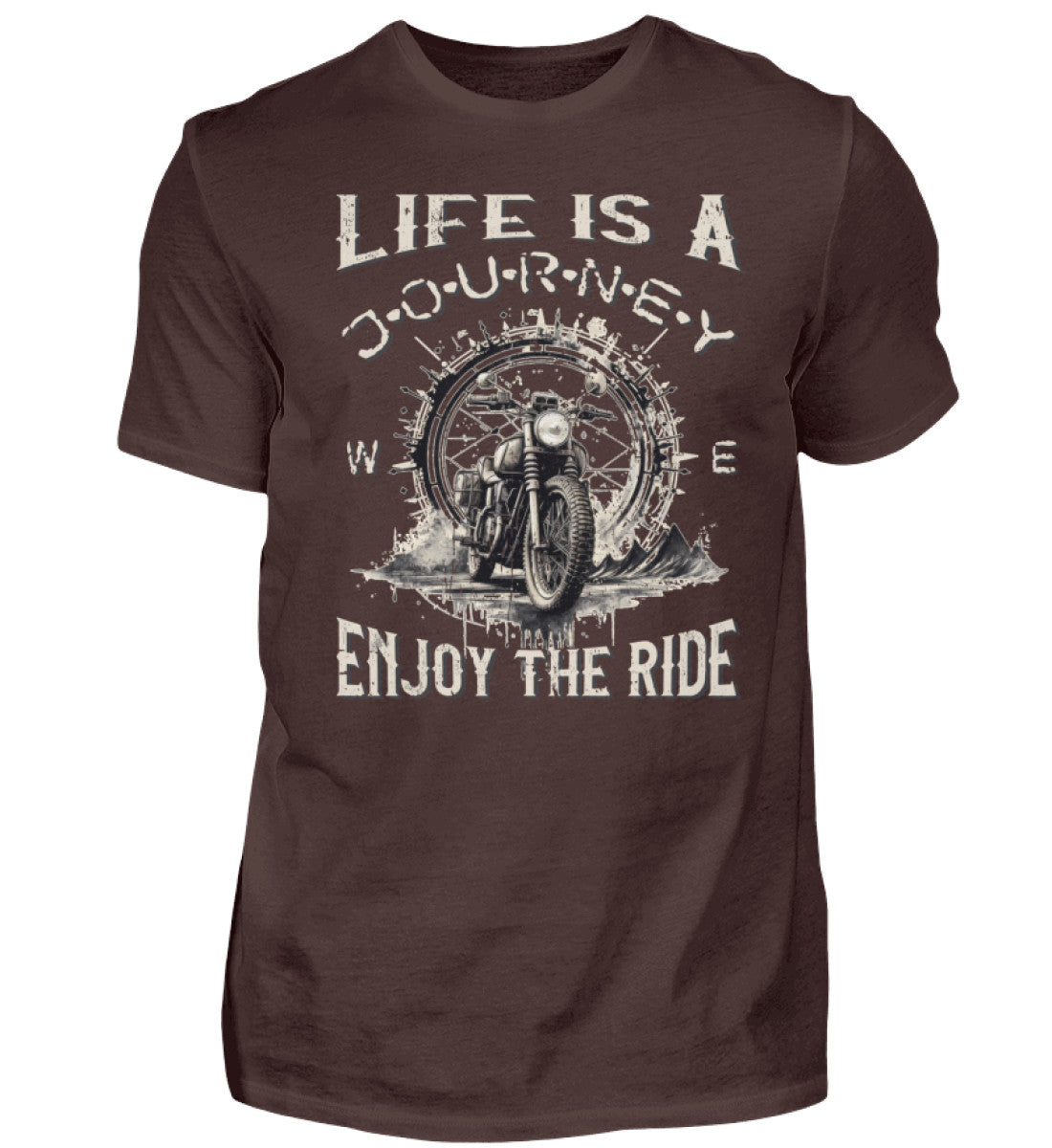 Ein T-Shirt für Motorradfahrer von Wingbikers mit dem Aufdruck, Life Is A Journey - Enjoy The Ride, in braun.