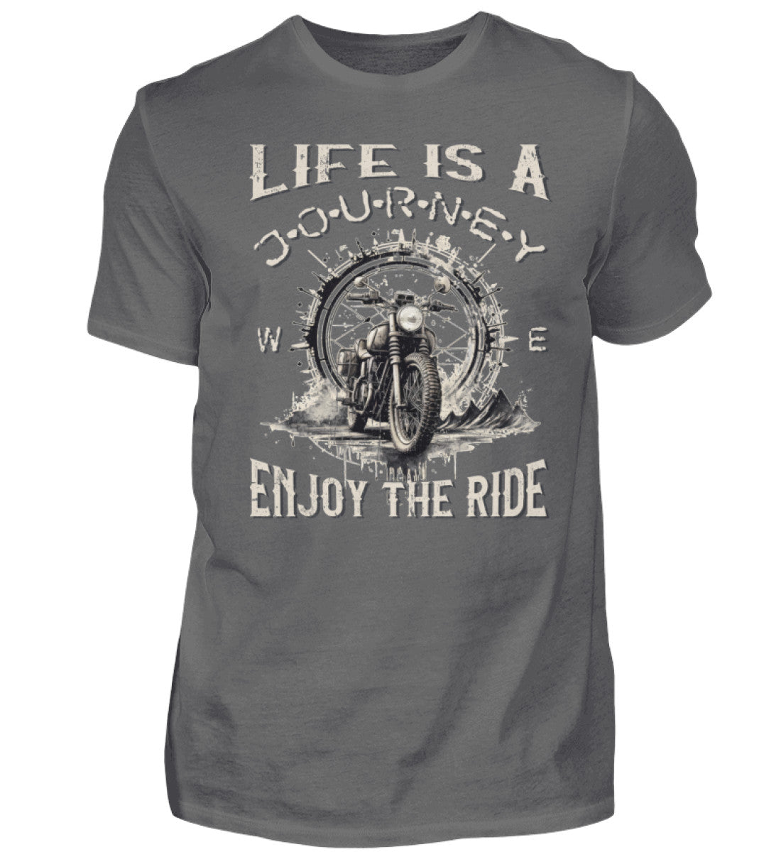 Ein T-Shirt für Motorradfahrer von Wingbikers mit dem Aufdruck, Life Is A Journey - Enjoy The Ride, in dunkelgrau.