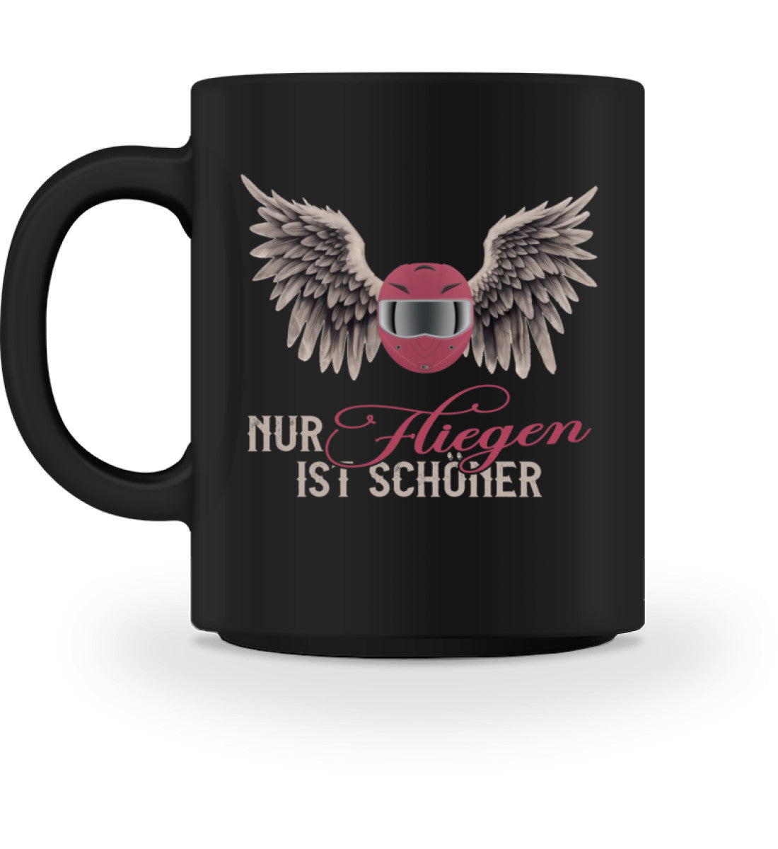 Eine Tasse für Motorradfahrerinnen von Wingbikers, mit dem beidseitigen Aufdruck, Nur fliegen ist schöner, in schwarz.