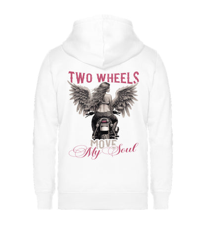 Eine Reißverschluss-Jacke für Motorradfahrerinnen von Wingbikers mit dem Aufdruck, Two Wheels Move My Soul, in weiß.