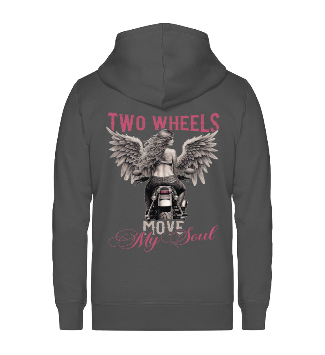 Eine Reißverschluss-Jacke für Motorradfahrerinnen von Wingbikers mit dem Aufdruck, Two Wheels Move My Soul, in dunkelgrau.