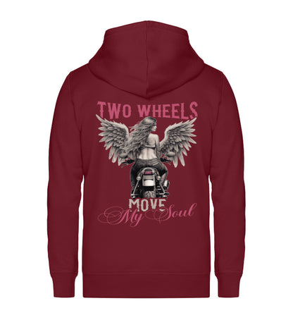Eine Reißverschluss-Jacke für Motorradfahrerinnen von Wingbikers mit dem Aufdruck, Two Wheels Move My Soul, in burgunder weinrot.