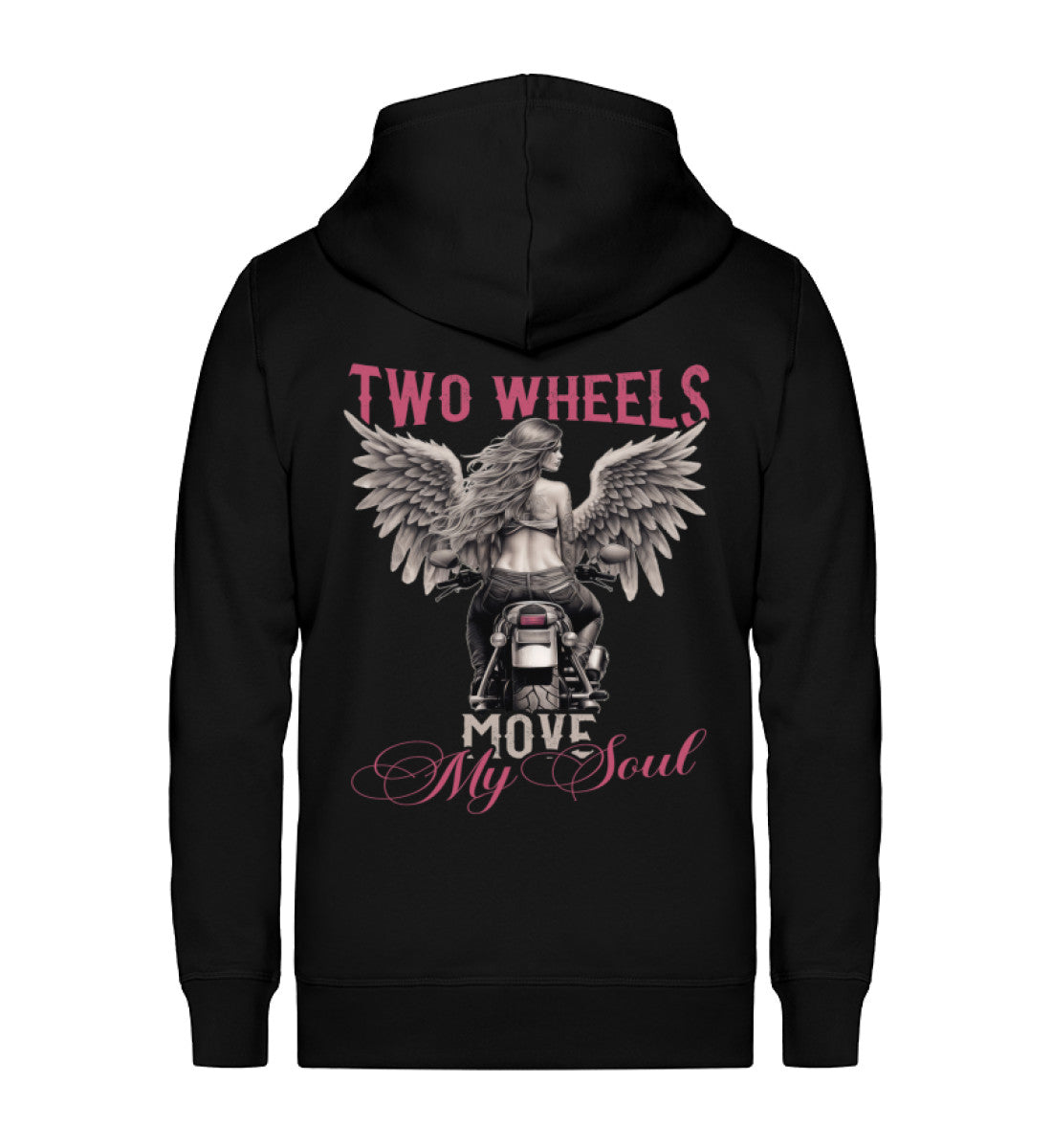 Eine Reißverschluss-Jacke für Motorradfahrerinnen von Wingbikers mit dem Aufdruck, Two Wheels Move My Soul, in schwarz.