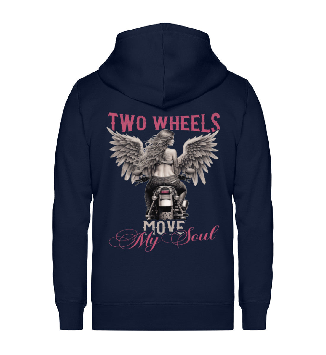 Eine Reißverschluss-Jacke für Motorradfahrerinnen von Wingbikers mit dem Aufdruck, Two Wheels Move My Soul, in navy blau.