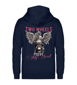 Eine Reißverschluss-Jacke für Motorradfahrerinnen von Wingbikers mit dem Aufdruck, Two Wheels Move My Soul, in navy blau.