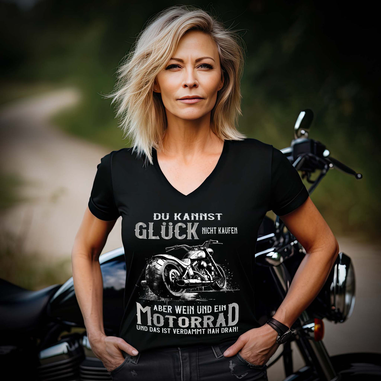 Du kannst Glück nicht kaufen, aber Wein und ein Motorrad - Das ist verdammt nah dran! - Damen Motorrad Shirt mit V-Ausschnitt