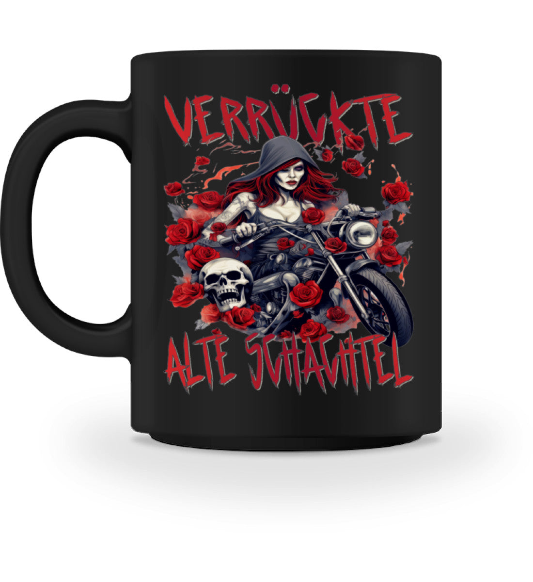 Eine Tasse für Motorradfahrerinnen von Wingbikers, mit dem beidseitigen Aufdruck, Verrückte alte Schachtel, in schwarz.