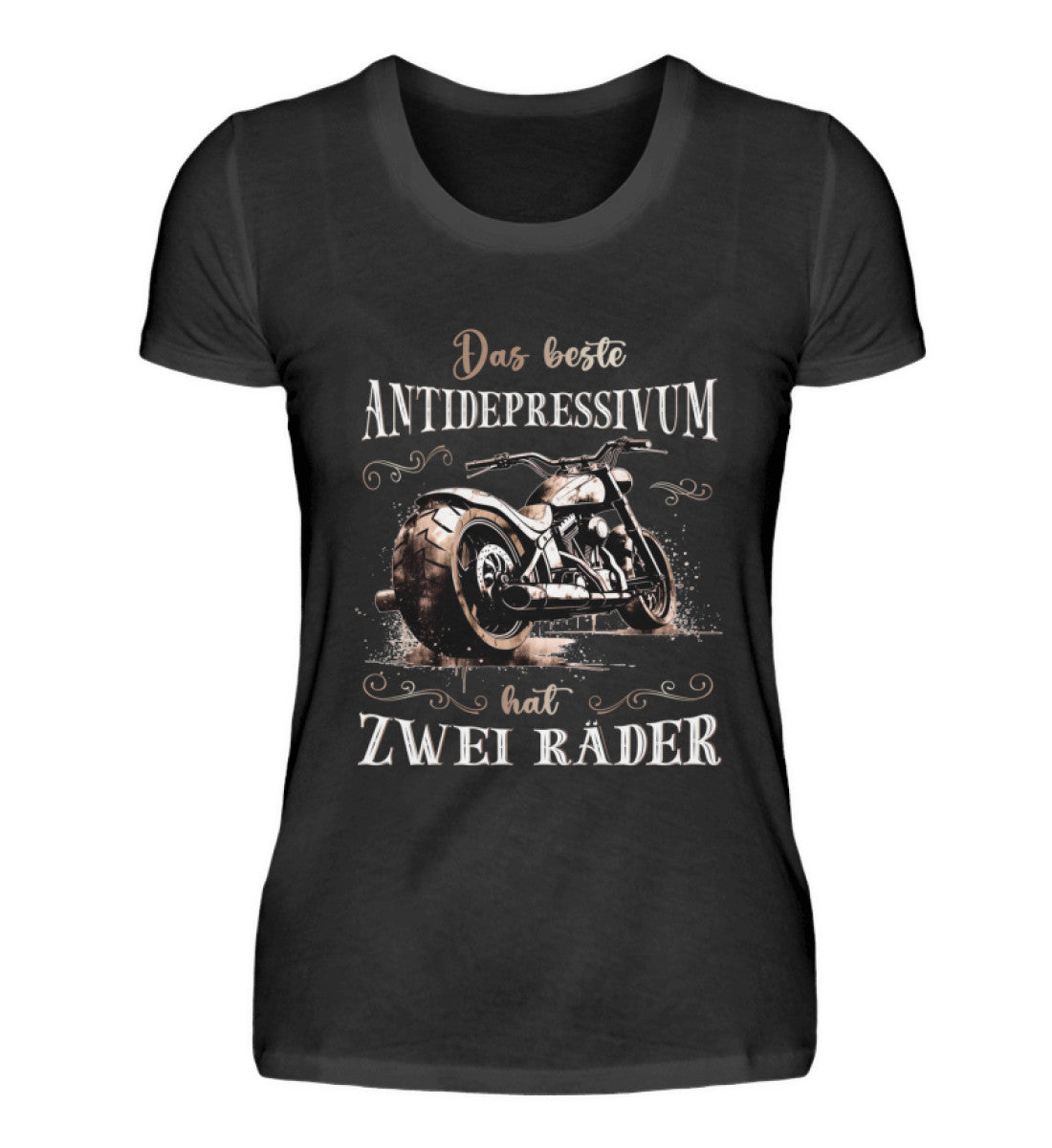 Ein T-Shirt für Motorradfahrerinnen von Wingbikers mit dem Aufdruck, Das beste Antidepressivum hat zwei Räder, in schwarz.