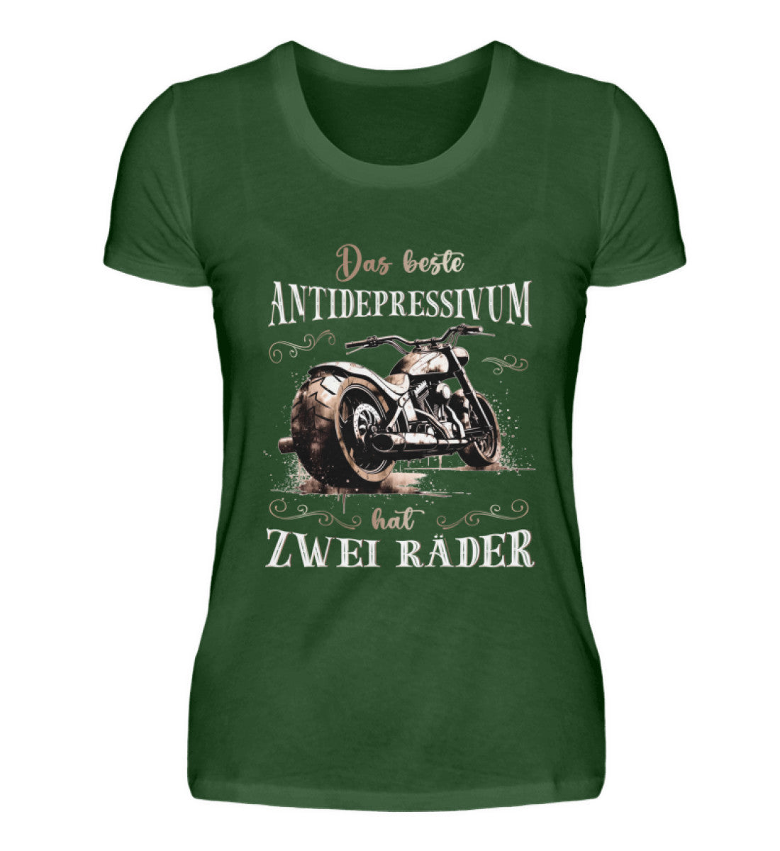 Ein T-Shirt für Motorradfahrerinnen von Wingbikers mit dem Aufdruck, Das beste Antidepressivum hat zwei Räder, in dunkelgrün.