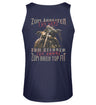 Ein Biker Tanktop für Motorradfahrer von Wingbikers mit dem Aufdruck, Zum Arbeiten zu alt, zum Sterben zu jung - Zum Biken top fit- mit Back Print, in navy blau.