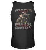 Ein Biker Tanktop für Motorradfahrer von Wingbikers mit dem Aufdruck, Zum Arbeiten zu alt, zum Sterben zu jung - Zum Biken top fit- mit Back Print, in schwarz.