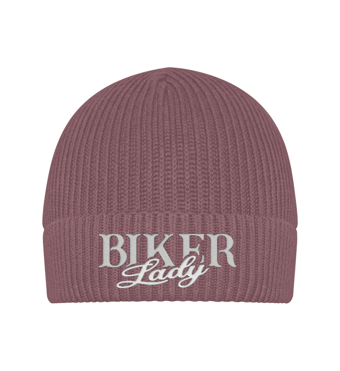 Eine Bikerin Beanie Mütze für Motorradfahrerinnen von Wingbikers mit dem Stick, Biker Lady, in alt rosa.