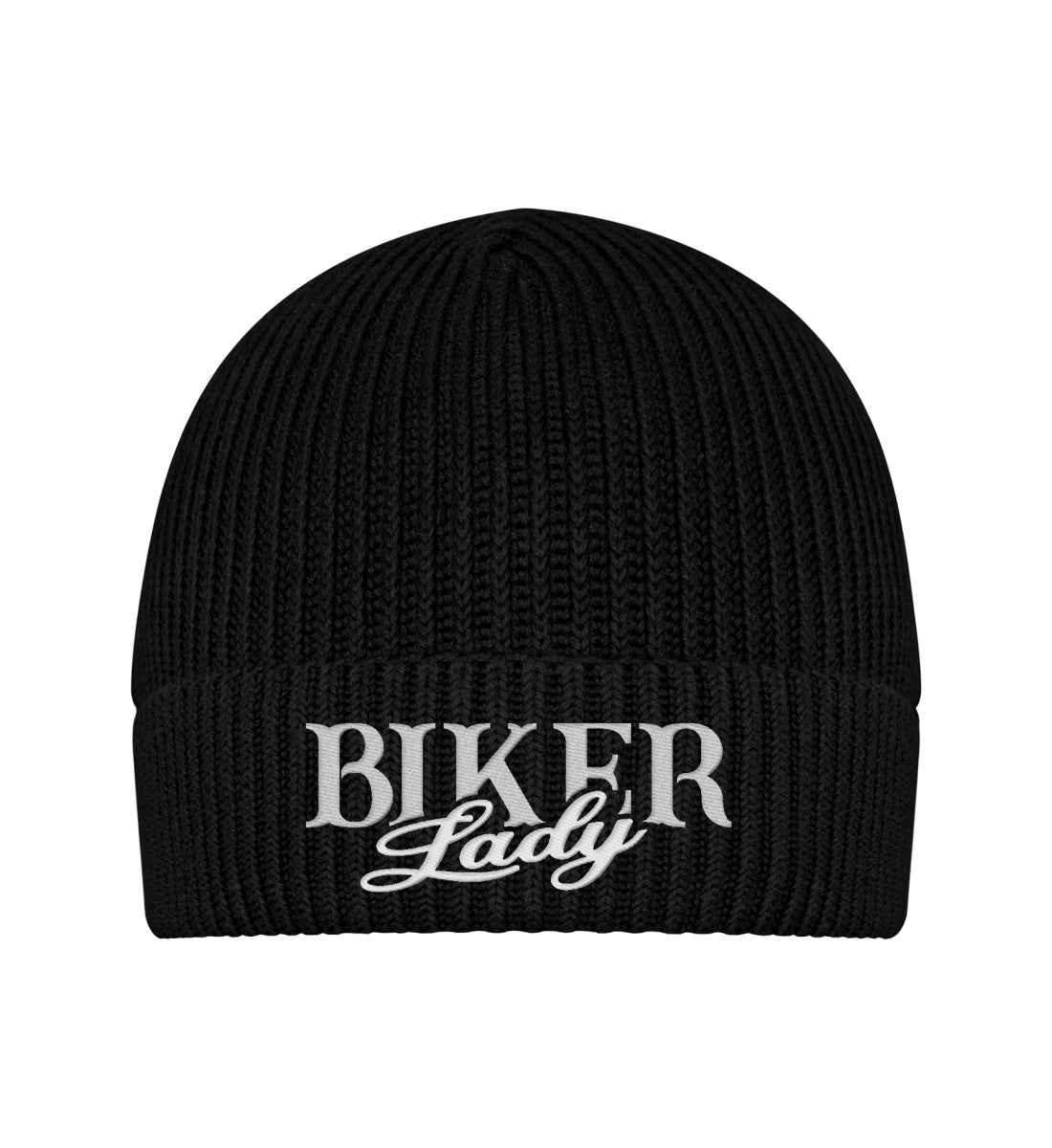 Eine Bikerin Beanie Mütze für Motorradfahrerinnen von Wingbikers mit dem Stick, Biker Lady, in schwarz.