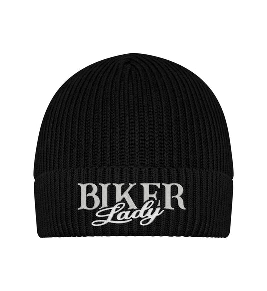 Eine Bikerin Beanie Mütze für Motorradfahrerinnen von Wingbikers mit dem Stick, Biker Lady, in schwarz.
