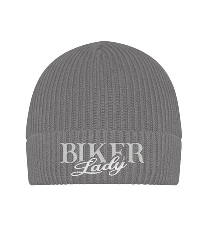 Eine Bikerin Beanie Mütze für Motorradfahrerinnen von Wingbikers mit dem Stick, Biker Lady, in grau.