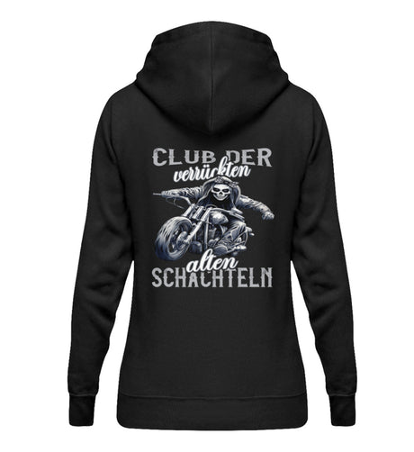 Ein Bikerin Hoodie für Motorradfahrerinnen von Wingbikers mit dem Aufdruck, Club der verrückten alten Schachteln - mit Back Print, in schwarz.