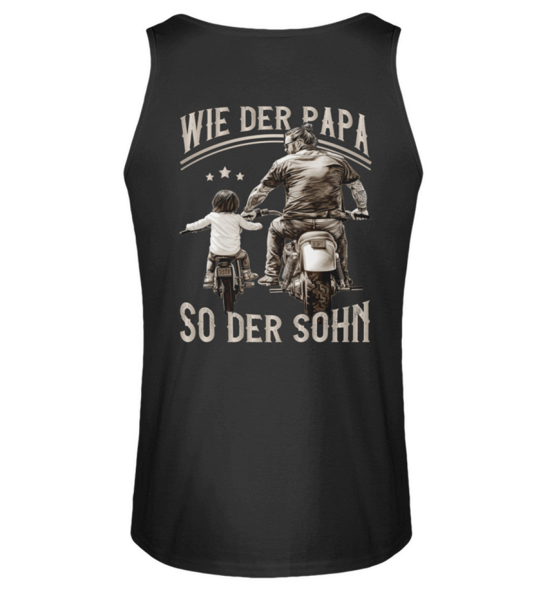 Ein Tanktop für Motorradfahrende Väter von Wingbikers mit dem Aufdruck, Wie der Papa, so der Sohn, als Back Print - in schwarz.