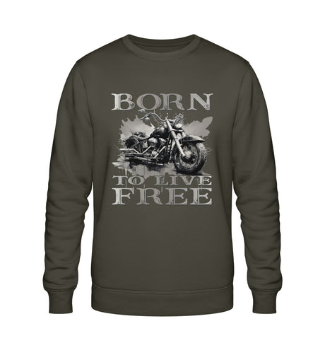 Ein Biker Sweatshirt für Motorradfahrer von Wingbikers mit dem Aufdruck,  Born to Live Free, in khaki grün.  