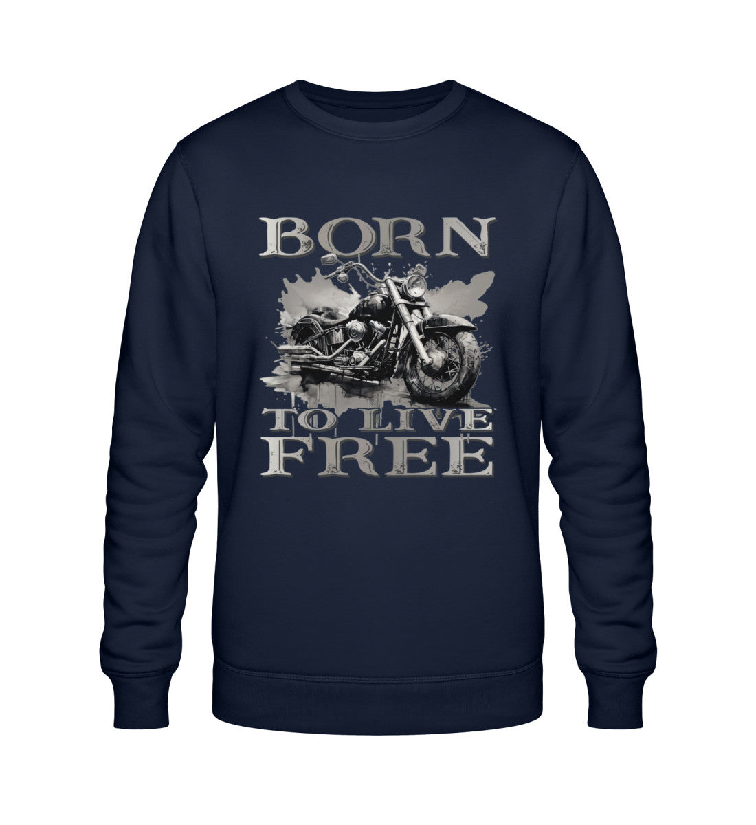 Ein Biker Sweatshirt für Motorradfahrer von Wingbikers mit dem Aufdruck,  Born to Live Free, in navy blau.  