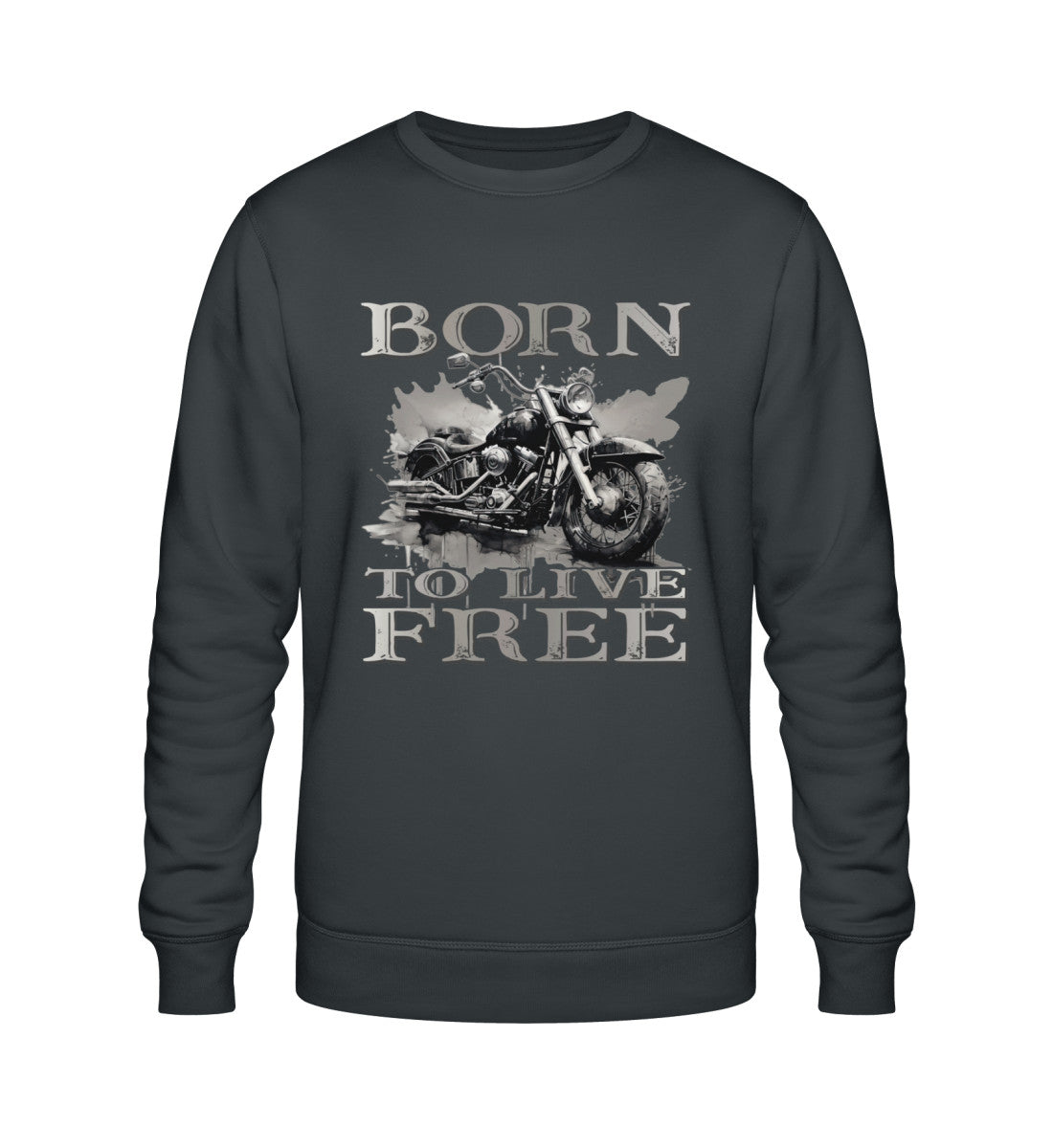 Ein Biker Sweatshirt für Motorradfahrer von Wingbikers mit dem Aufdruck,  Born to Live Free, in dunkelgrau.  