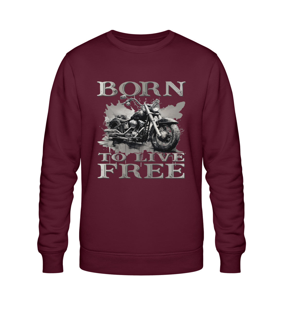Ein Biker Sweatshirt für Motorradfahrer von Wingbikers mit dem Aufdruck,  Born to Live Free, in burgunder weinrot.  