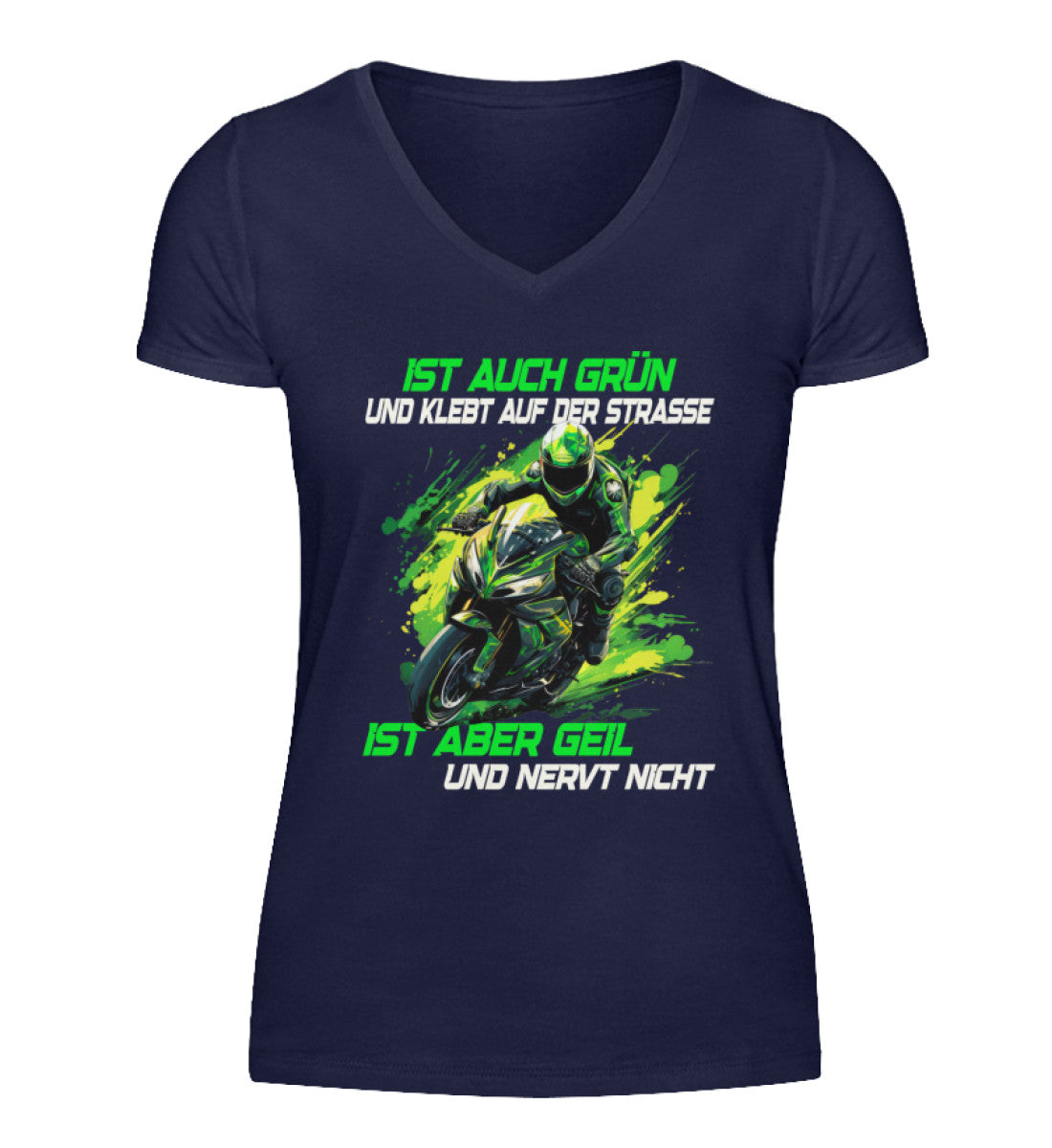 Ein T-Shirt mit V-Ausschnitt für Motorradfahrerinnen von Wingbikers mit dem Aufdruck, Supersportler - Ist auch grün und klebt auf der Straße, ist aber geil und nervt nicht, in navy blau.